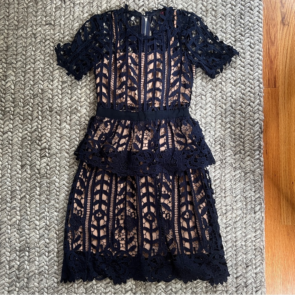 Aqua Navy Blue Lace Dress with Black Belted Accent